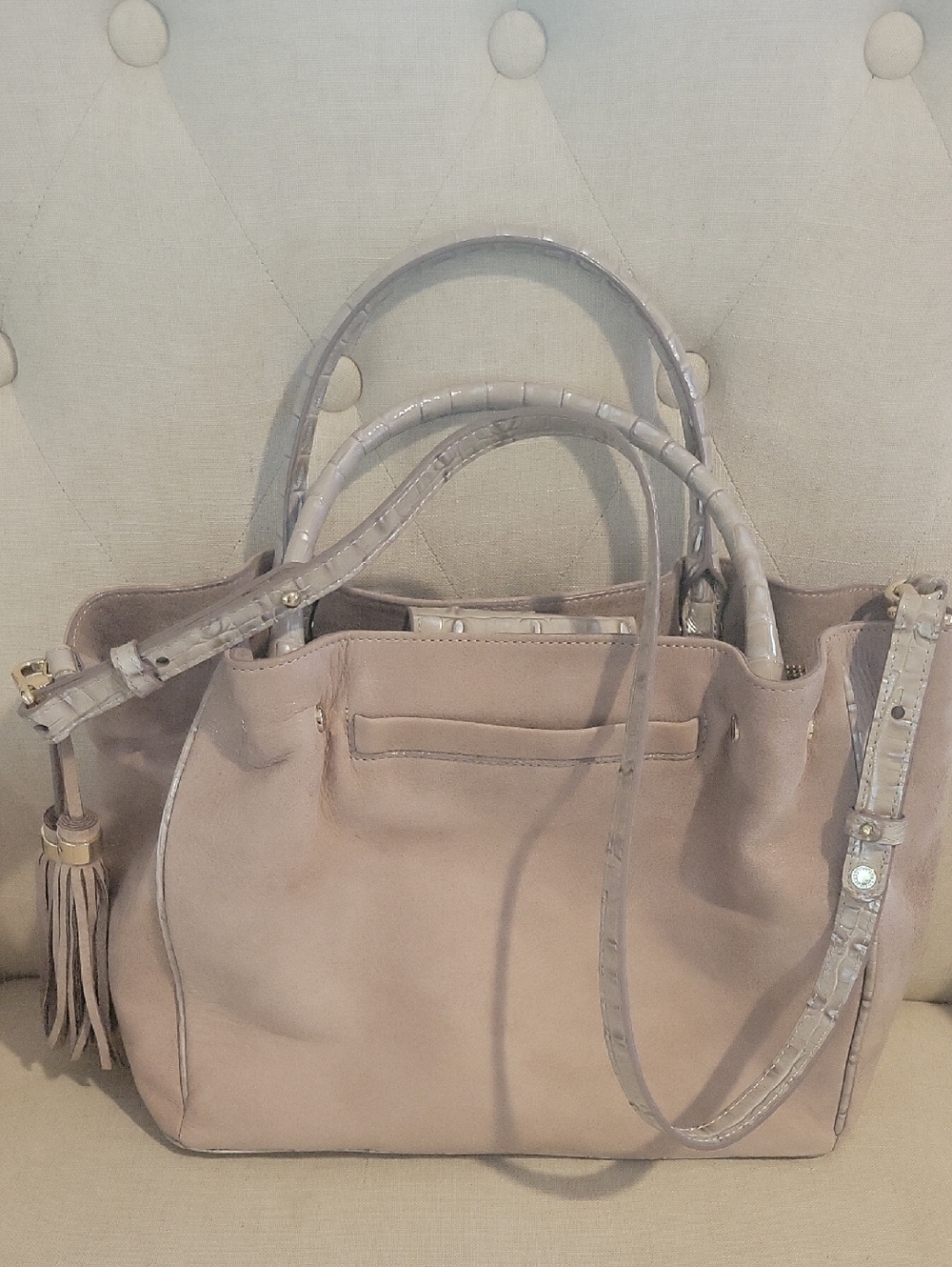 Brahmin handbag Mallory Warm Gray Tan Reynolds Glove Soft Leather Satchel - Picture 7 of 9